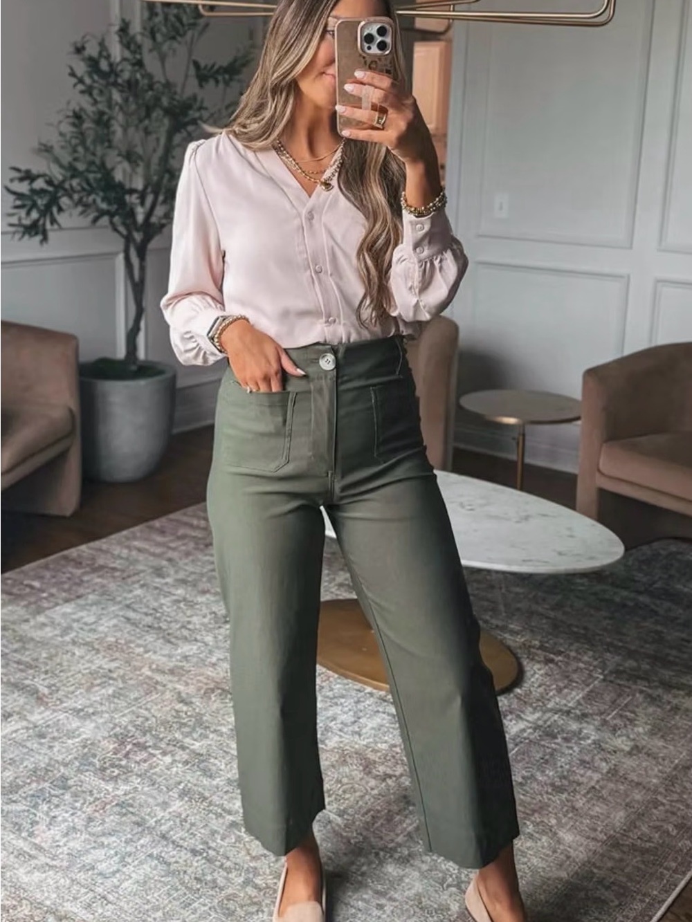 Miduo Women’s High Waisted Cropped Pants in Olive Green — Size 31